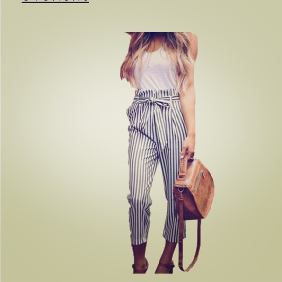 Pants - Womens High Waist Paperbag Trousers Striped Pants